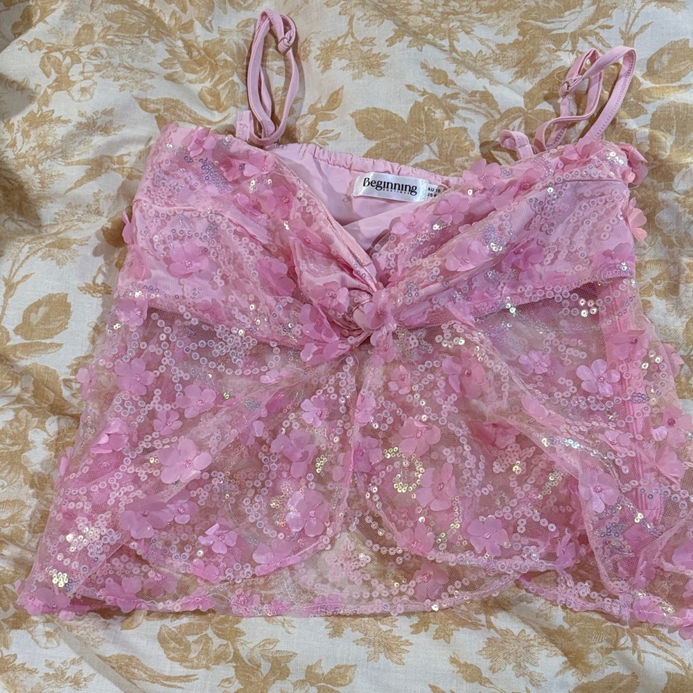 Beginning Boutique Pink Sequin Crop Top